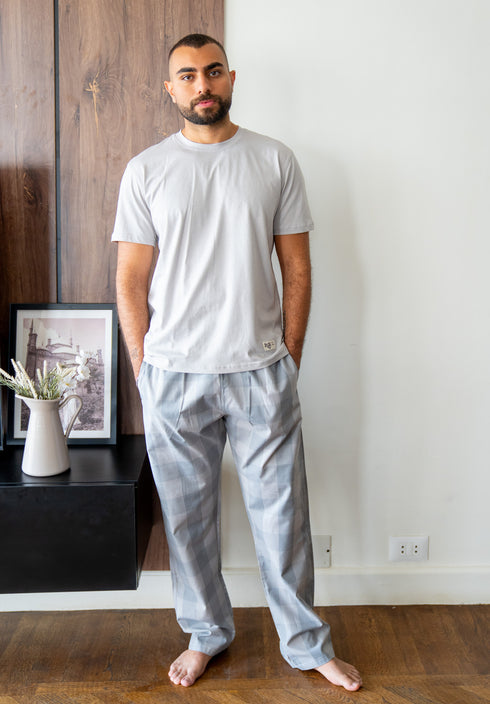 Men summer pajama set Grey T-shirt + Light Grey X Grey Glen Plaid Pants